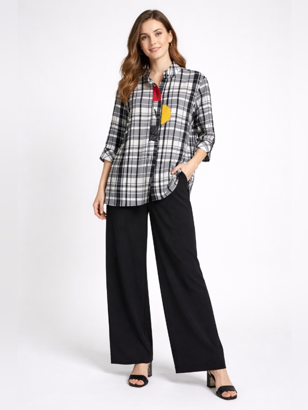 Ali Miles Black White Plaid Button Down Appliqued Patches Pockets Shirt PM Artsy